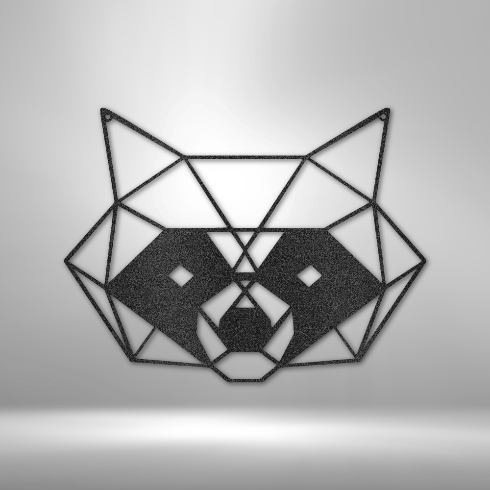 A durable outdoor metal sign featuring a black and white geometric raccoon displayed on a brick wall.