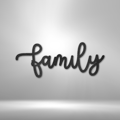 Metal Family Wall Art - The Family Script - Steel Sign is hanging on a brick wall.