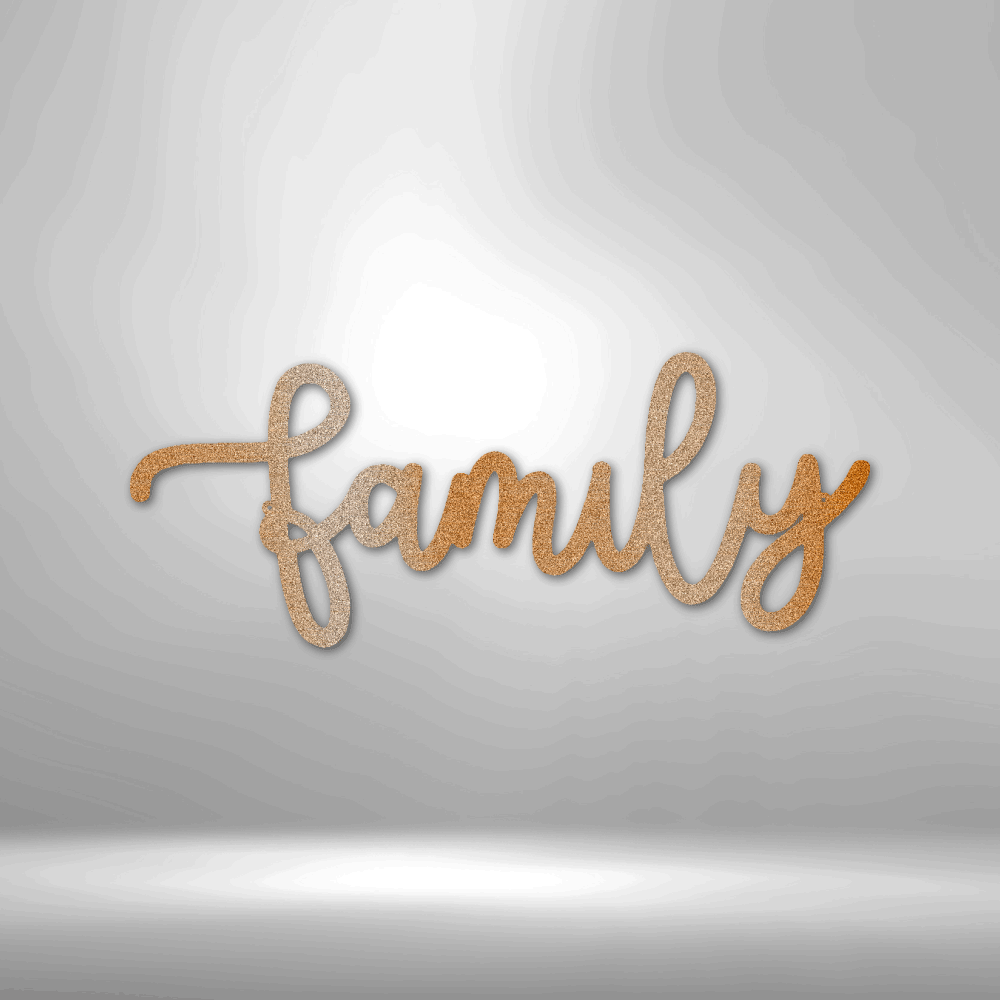 Metal Family Wall Art - The Family Script - Steel Sign is hanging on a brick wall.