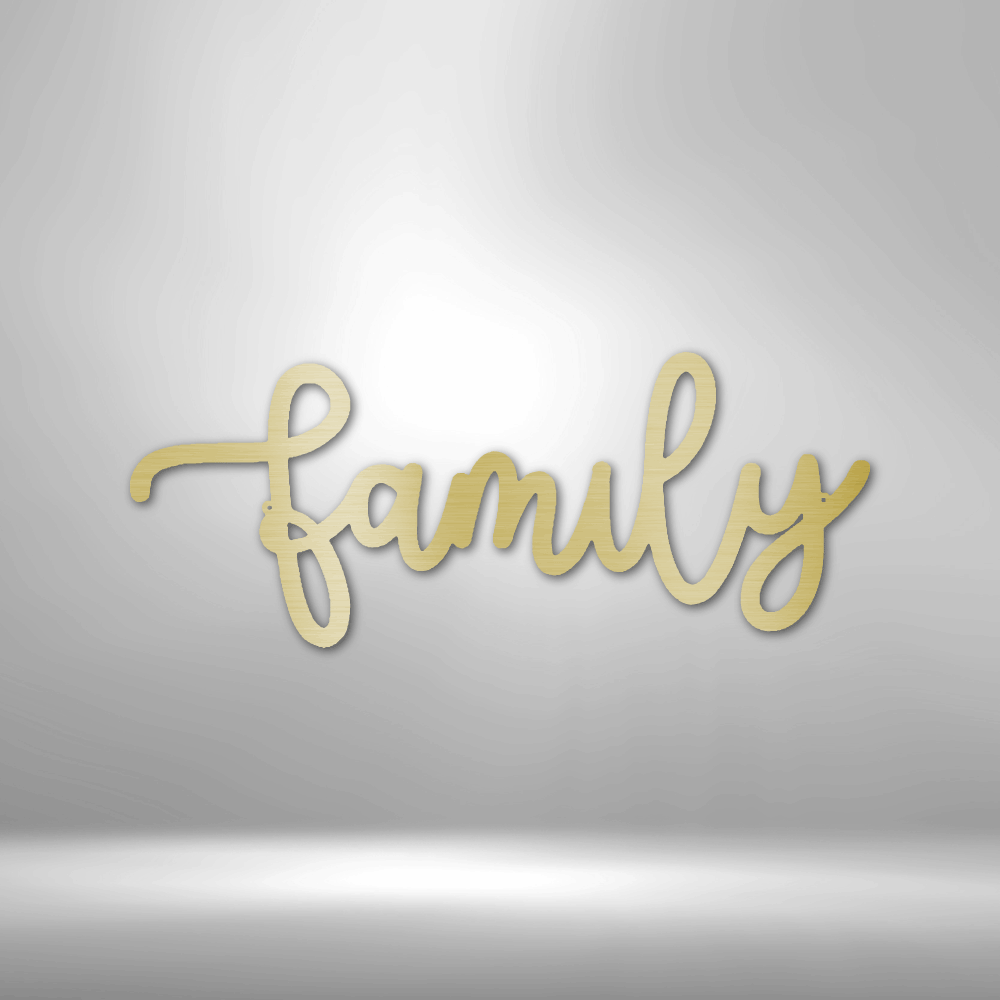 Metal Family Wall Art - The Family Script - Steel Sign is hanging on a brick wall.