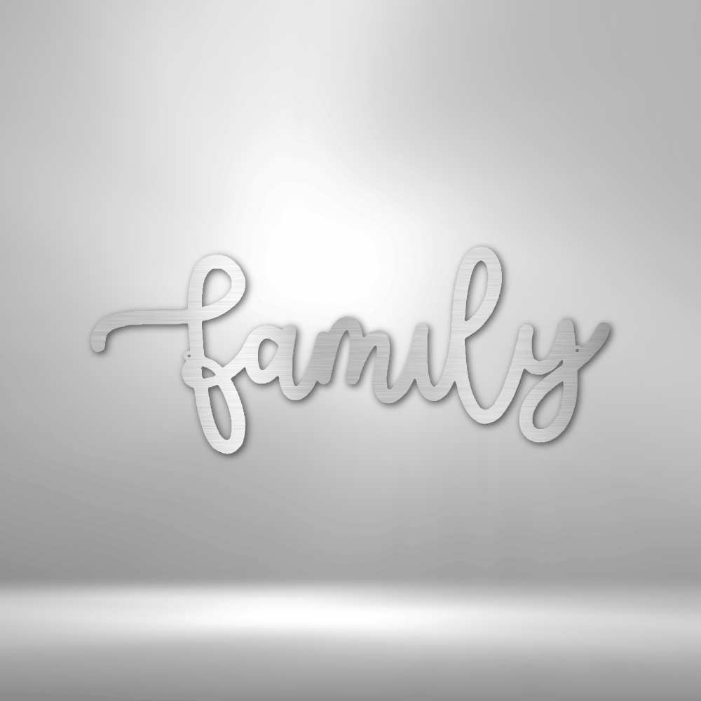 Metal Family Wall Art - The Family Script - Steel Sign is hanging on a brick wall.