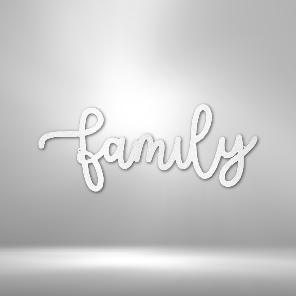 Metal Family Wall Art - The Family Script - Steel Sign is hanging on a brick wall.