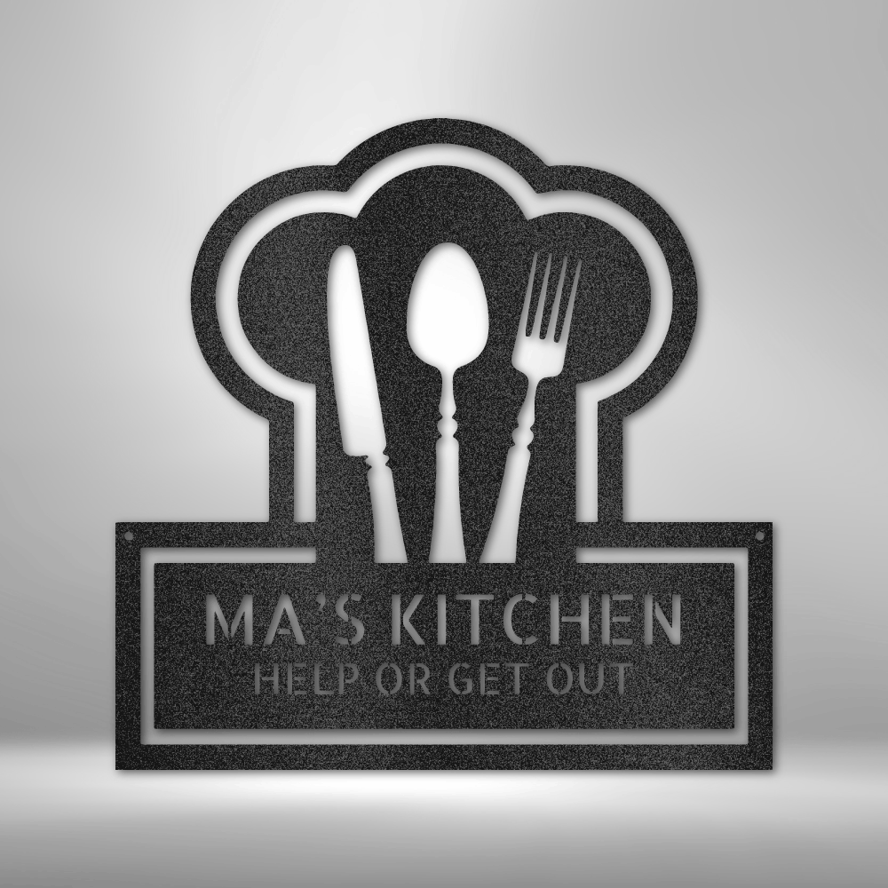 A personalized metal wall art decor, the Ruler Of The Kitchen Monogram steel sign, adorns a brick wall with custom handmade design.