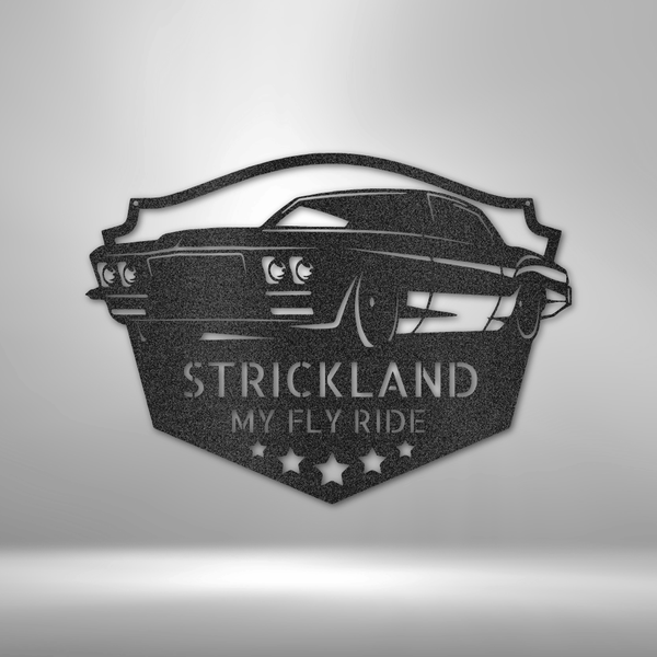 A personalized steel monogram sign, featuring a classic muscle car, adds authentic garage decor to any mechanic's metal wall art.