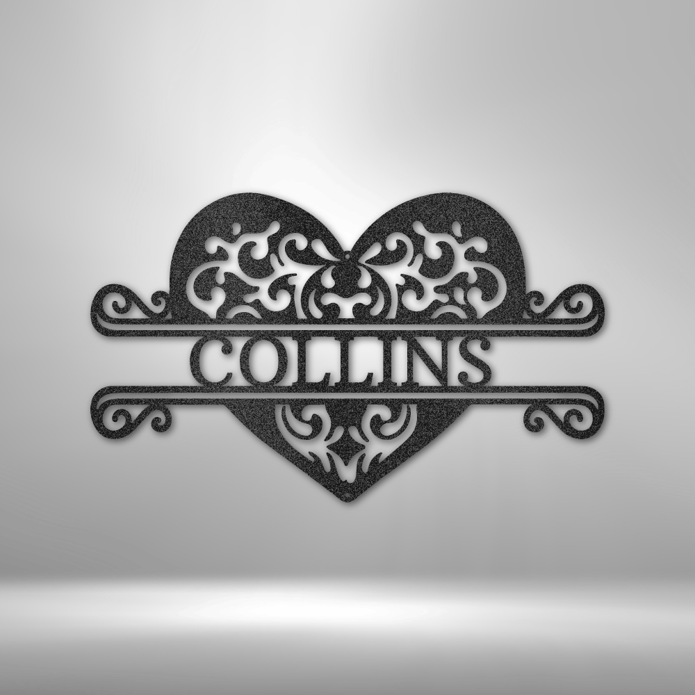 A Unique Metal Wall Art Decor - Fancy Heart Monogram Steel Sign with the name Collins on it.