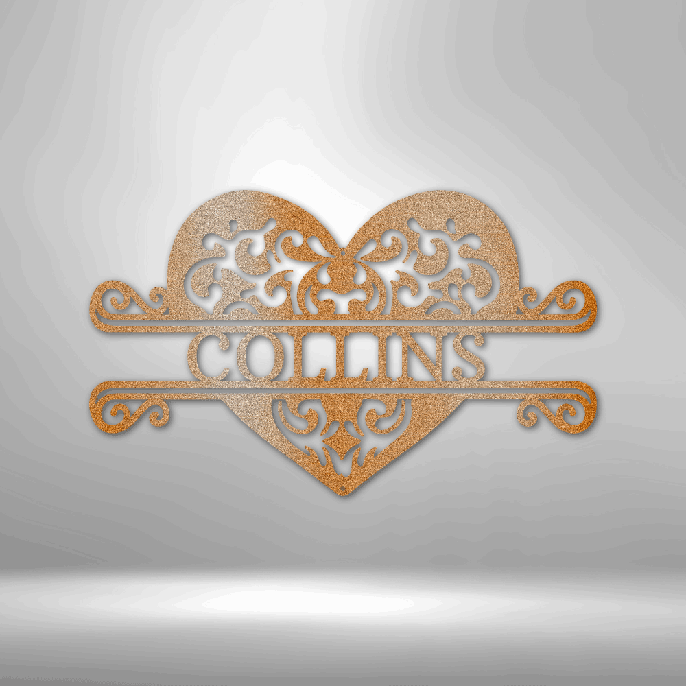 A Unique Metal Wall Art Decor - Fancy Heart Monogram Steel Sign with the name Collins on it.