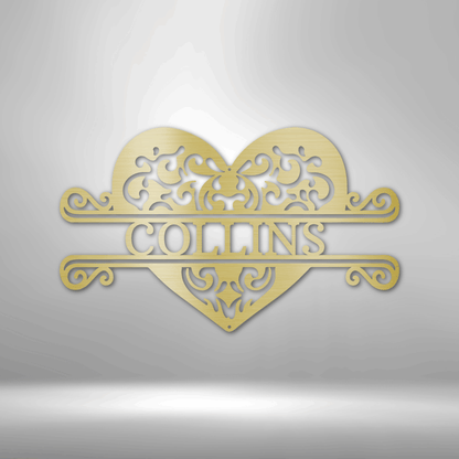 A Unique Metal Wall Art Decor - Fancy Heart Monogram Steel Sign with the name Collins on it.