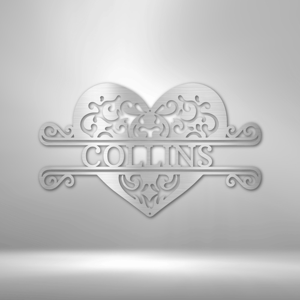 A Unique Metal Wall Art Decor - Fancy Heart Monogram Steel Sign with the name Collins on it.