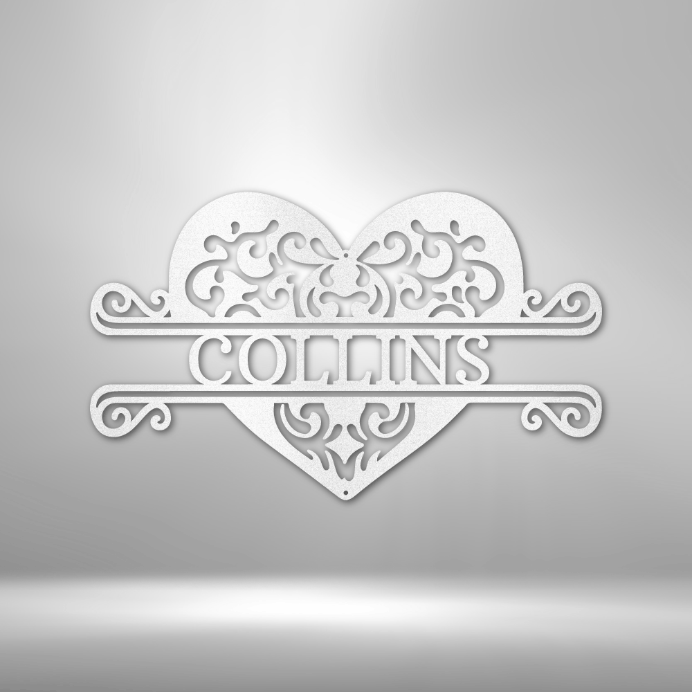 A Unique Metal Wall Art Decor - Fancy Heart Monogram Steel Sign with the name Collins on it.