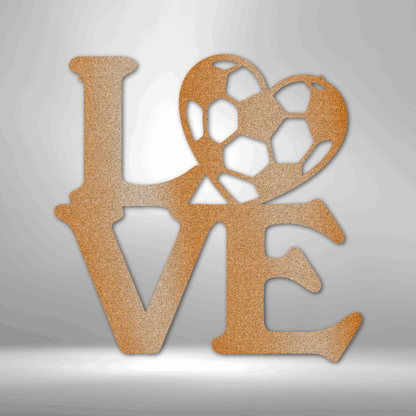 A Unique Metal Art Gift - Steel Sign with the word love and a soccer ball on it.