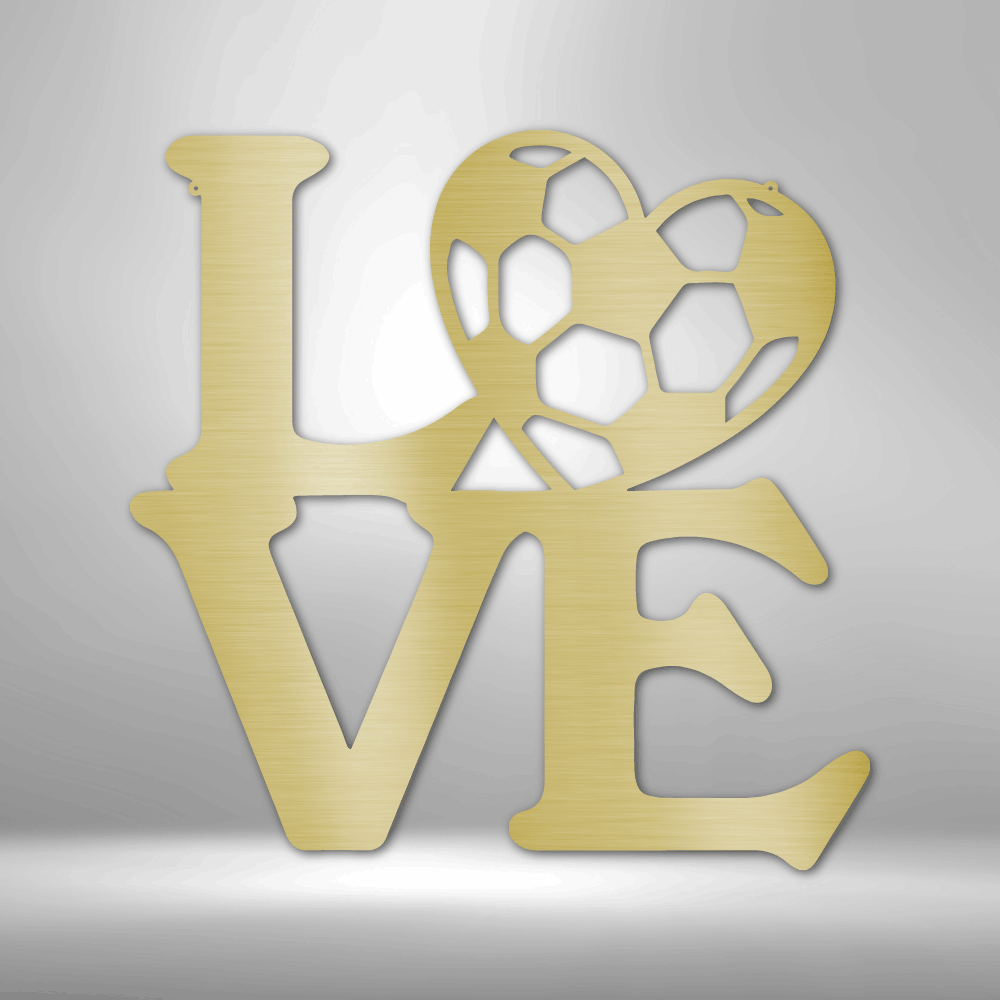 A Unique Metal Art Gift - Steel Sign with the word love and a soccer ball on it.