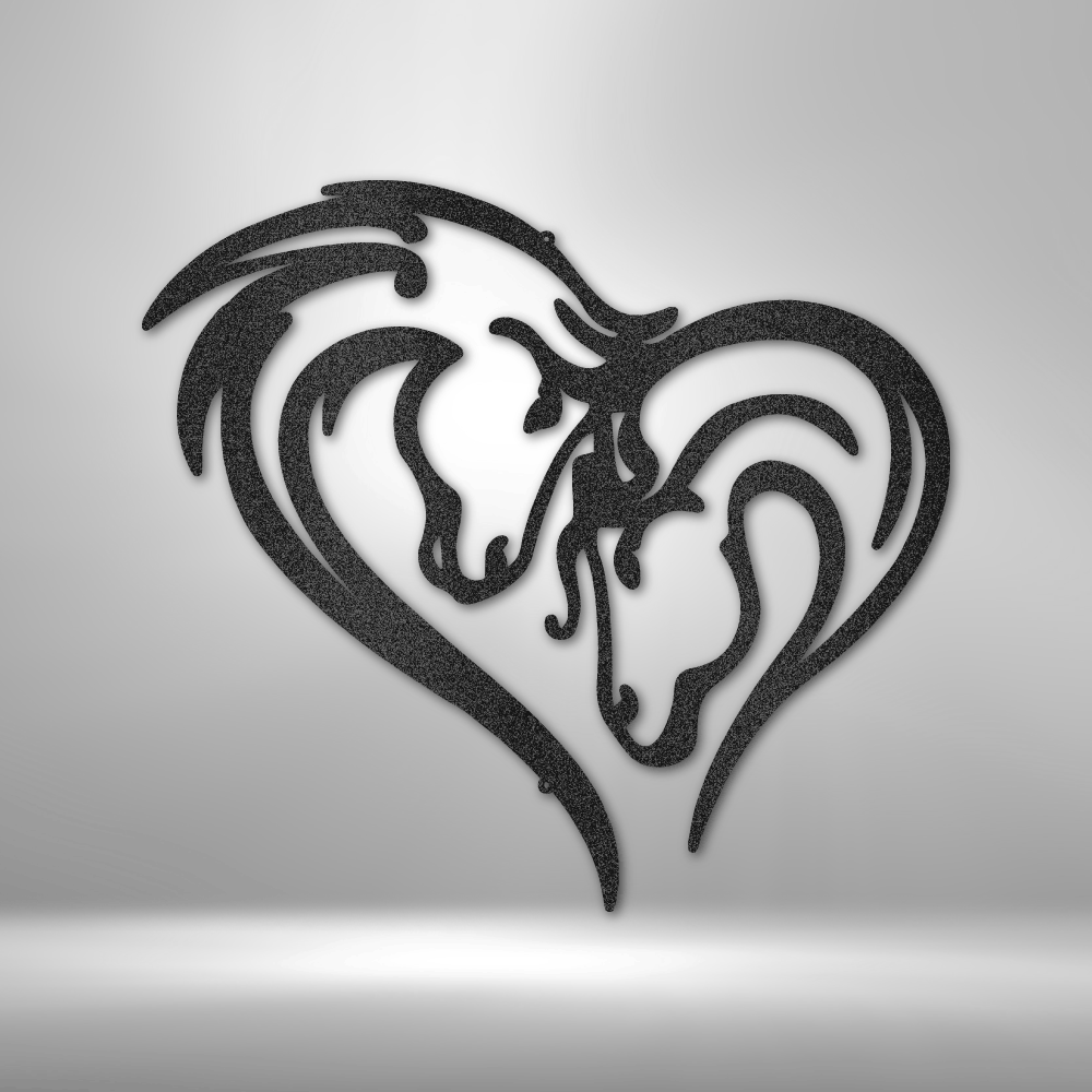 Custom-made horse-themed metal wall art decor featuring steel signs in the shape of a heart, perfect for showcasing your love for horses on a brick wall.