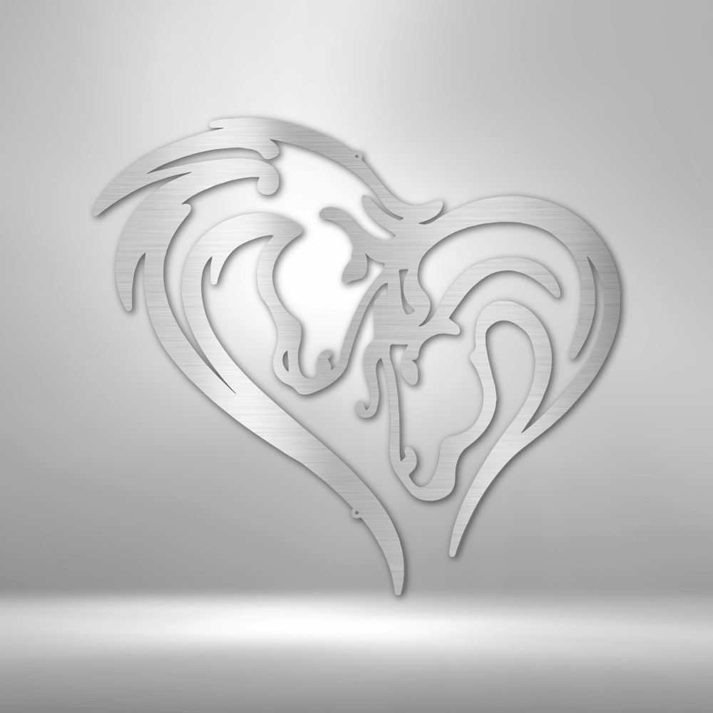 Custom-made horse-themed metal wall art decor featuring steel signs in the shape of a heart, perfect for showcasing your love for horses on a brick wall.