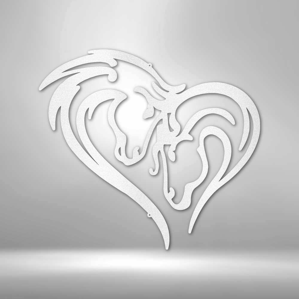 Custom-made horse-themed metal wall art decor featuring steel signs in the shape of a heart, perfect for showcasing your love for horses on a brick wall.