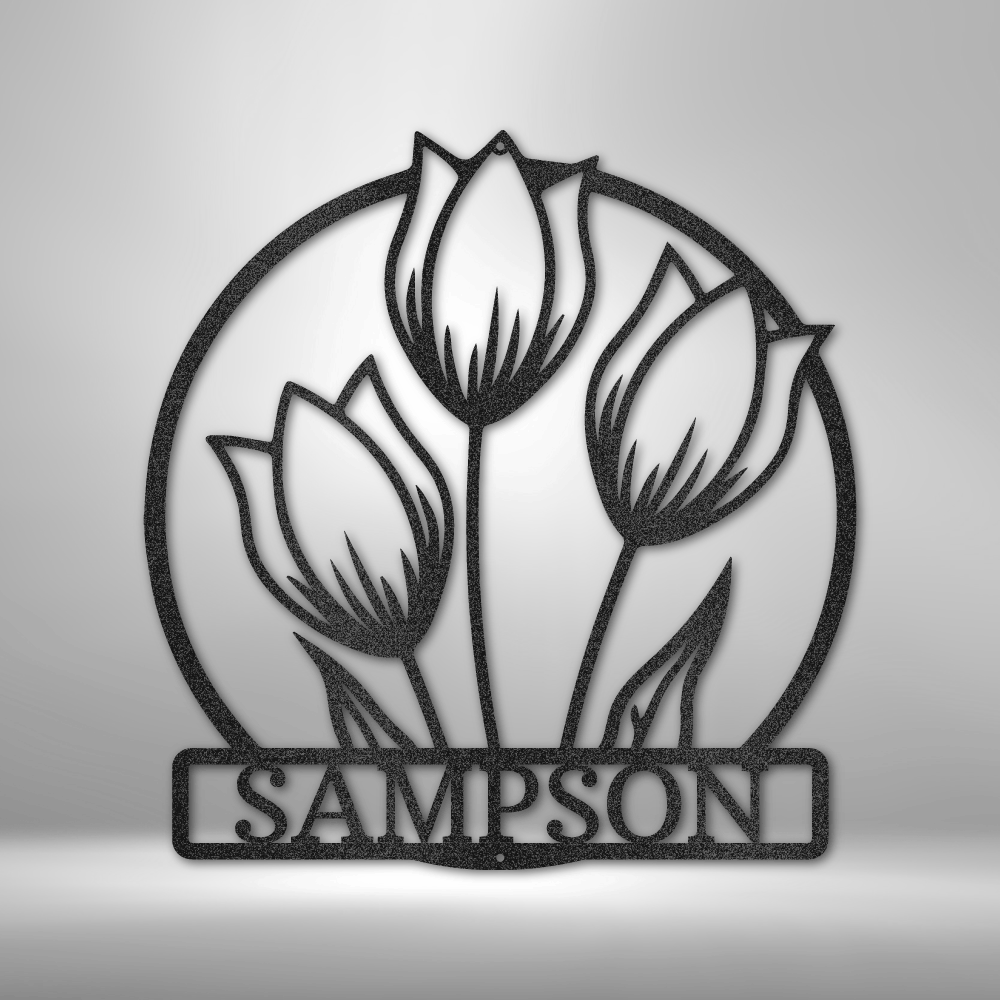 A durable and unique metal sign featuring a personalized steel monogram, the Wild Tulip Monogram Steel Sign.