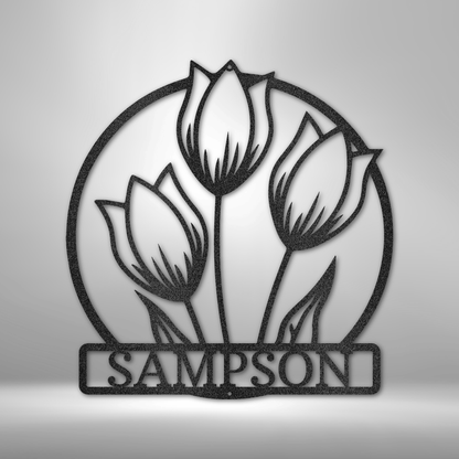 A durable and unique metal sign featuring a personalized steel monogram, the Wild Tulip Monogram Steel Sign.