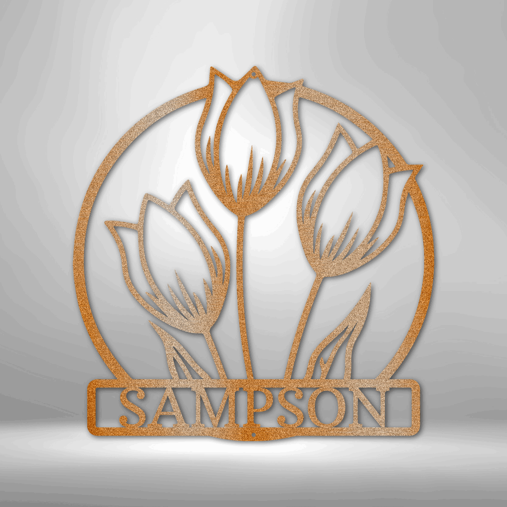 A durable and unique metal sign featuring a personalized steel monogram, the Wild Tulip Monogram Steel Sign.