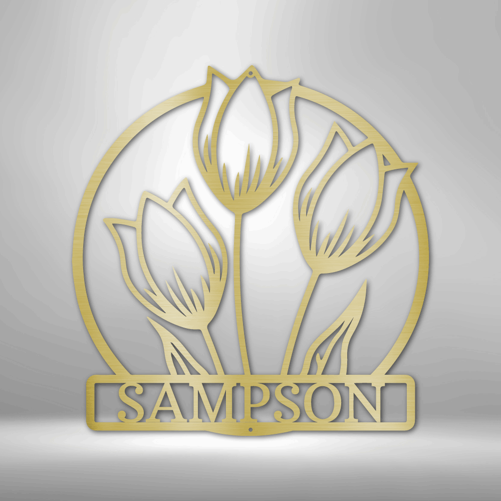 A durable and unique metal sign featuring a personalized steel monogram, the Wild Tulip Monogram Steel Sign.