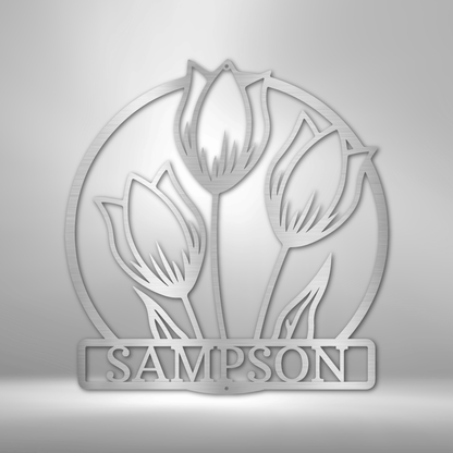 A durable and unique metal sign featuring a personalized steel monogram, the Wild Tulip Monogram Steel Sign.