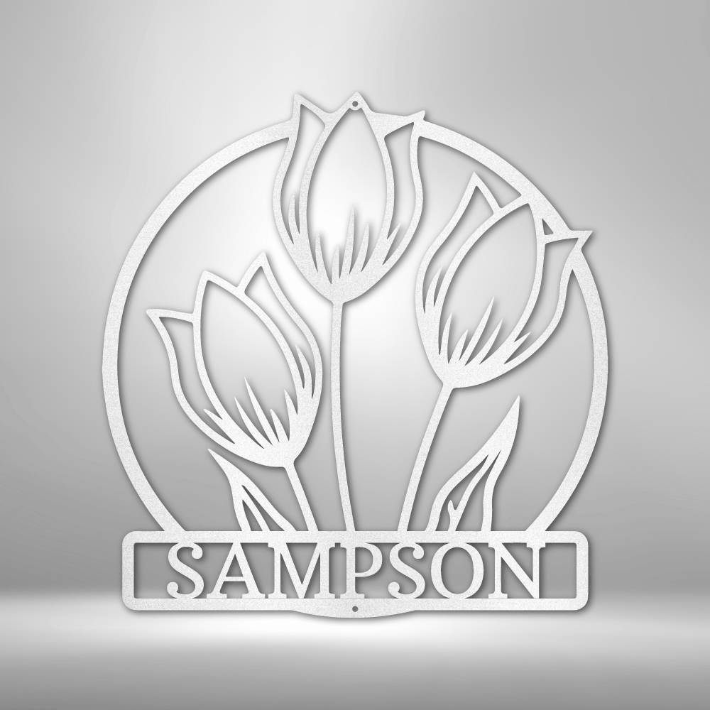 A durable and unique metal sign featuring a personalized steel monogram, the Wild Tulip Monogram Steel Sign.