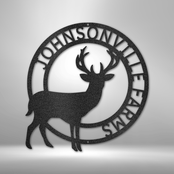 A custom metal wall art decor featuring a stag monogram design on a steel sign in front of a brick wall.