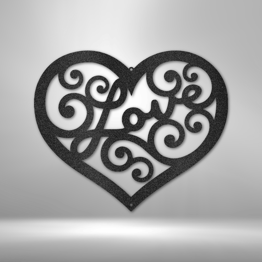 A Unique Love Swirl - Steel Sign adorning a brick wall.