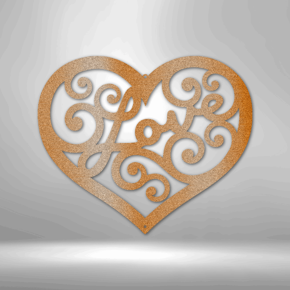 A Unique Love Swirl - Steel Sign adorning a brick wall.