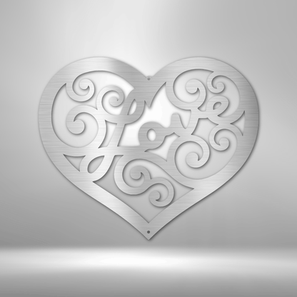 A Unique Love Swirl - Steel Sign adorning a brick wall.