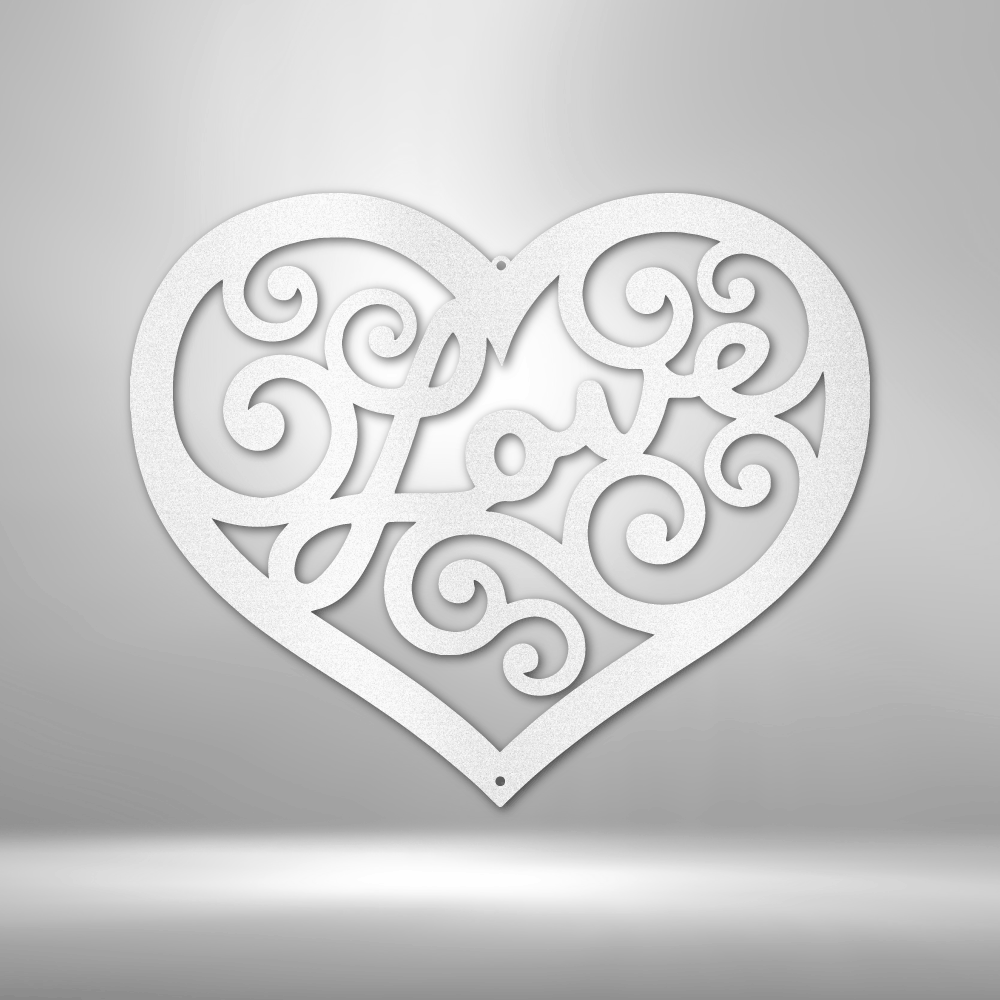 A Unique Love Swirl - Steel Sign adorning a brick wall.