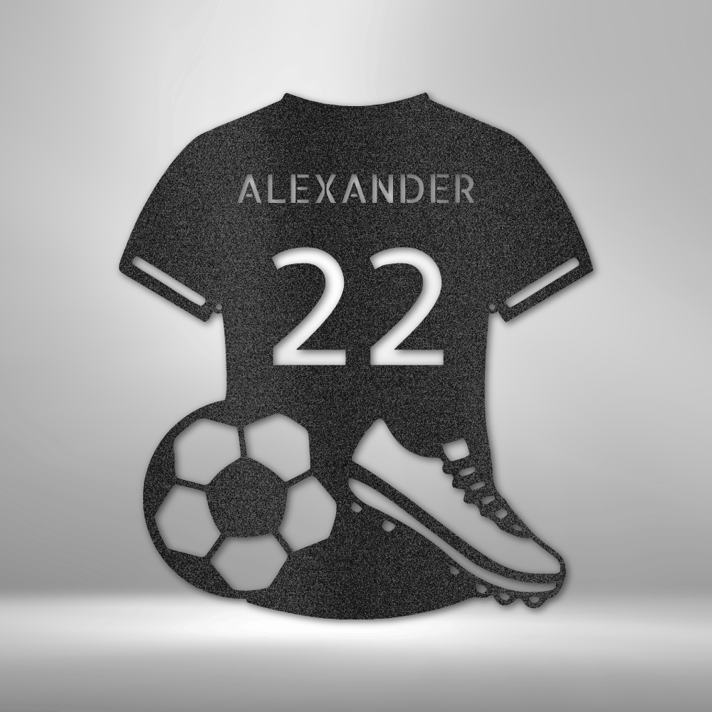 A durable outdoor metal sign featuring a custom handmade design of a soccer jersey monogram with the name Alexander 22 personalized on it.