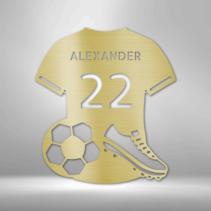 A durable outdoor metal sign featuring a custom handmade design of a soccer jersey monogram with the name Alexander 22 personalized on it.