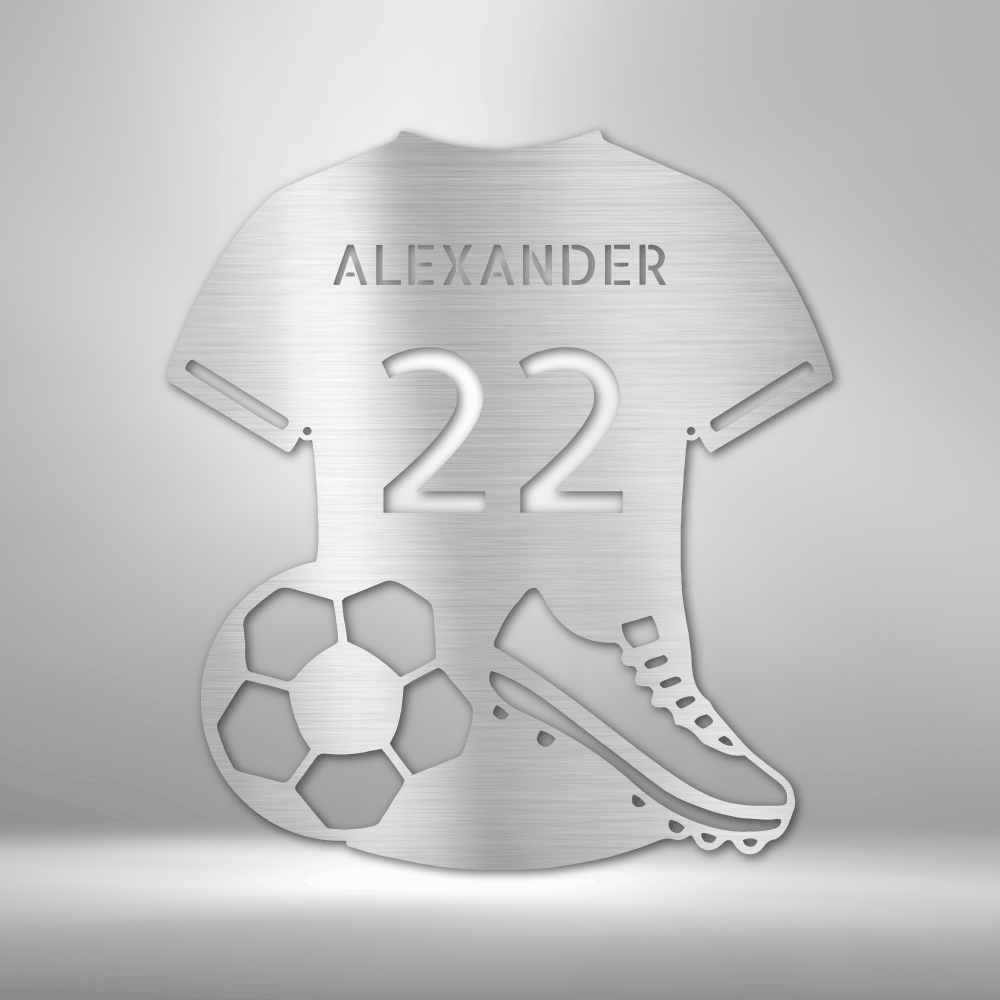 A durable outdoor metal sign featuring a custom handmade design of a soccer jersey monogram with the name Alexander 22 personalized on it.