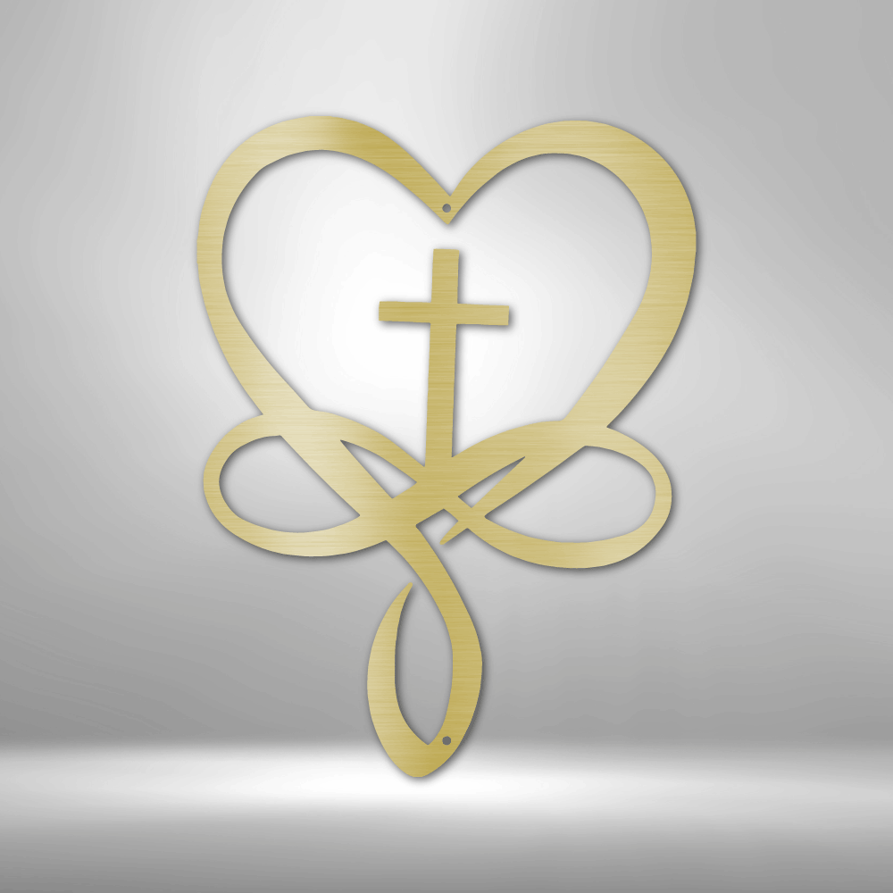 A Unique Love Infinity Cross - Steel Sign with a heart, perfect for personalized family signs.