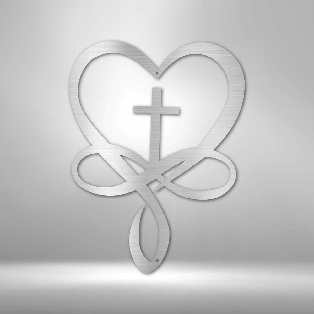 A Unique Love Infinity Cross - Steel Sign with a heart, perfect for personalized family signs.