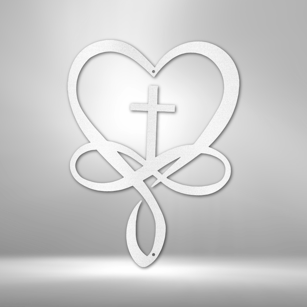 A Unique Love Infinity Cross - Steel Sign with a heart, perfect for personalized family signs.