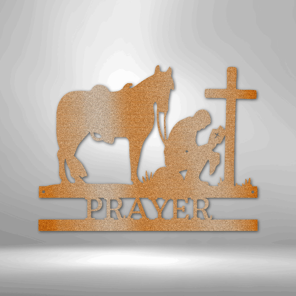 Unique Metal Art Gifts, personalized Family Signs featuring a silhouette of a Kneeling Cowboy Monogram - Steel Sign praying in front of a brick wall.