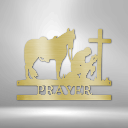 Unique Metal Art Gifts, personalized Family Signs featuring a silhouette of a Kneeling Cowboy Monogram - Steel Sign praying in front of a brick wall.