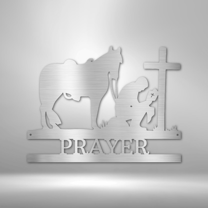 Unique Metal Art Gifts, personalized Family Signs featuring a silhouette of a Kneeling Cowboy Monogram - Steel Sign praying in front of a brick wall.