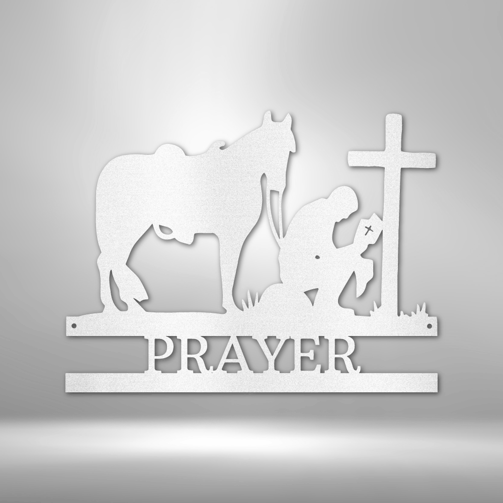 Unique Metal Art Gifts, personalized Family Signs featuring a silhouette of a Kneeling Cowboy Monogram - Steel Sign praying in front of a brick wall.