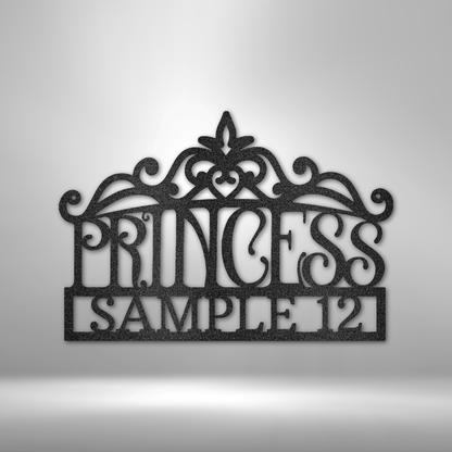 A personalized metal sign featuring the product name Princess Crown Monogram.