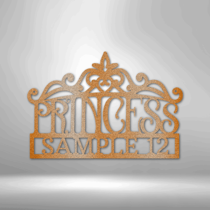 A personalized metal sign featuring the product name Princess Crown Monogram.