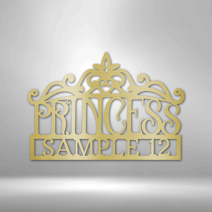 A personalized metal sign featuring the product name Princess Crown Monogram.