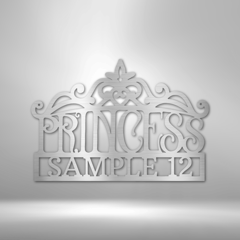 A personalized metal sign featuring the product name Princess Crown Monogram.