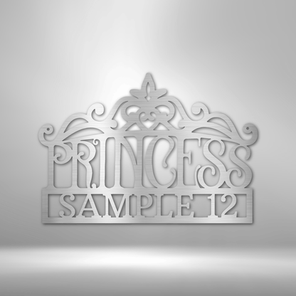 A personalized metal sign featuring the product name Princess Crown Monogram.