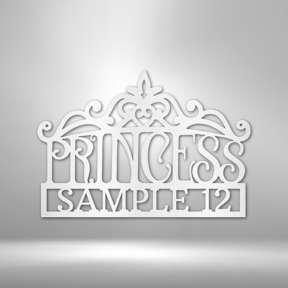 A personalized metal sign featuring the product name Princess Crown Monogram.