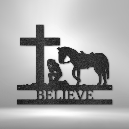 A unique custom handmade metal wall art decor featuring a kneeling cowgirl monogram with the word "believe".