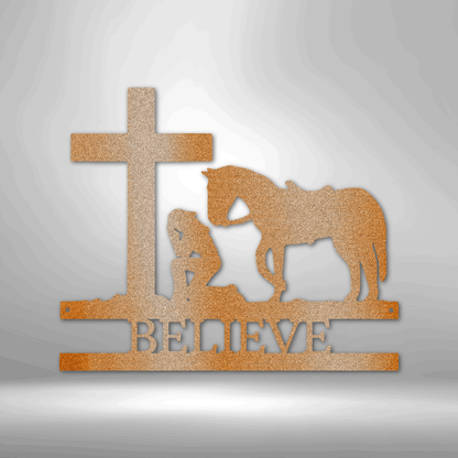 A unique custom handmade metal wall art decor featuring a kneeling cowgirl monogram with the word "believe".