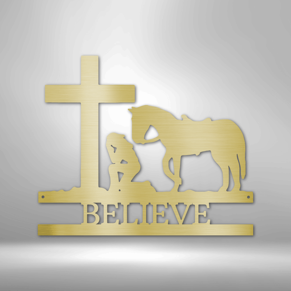 A unique custom handmade metal wall art decor featuring a kneeling cowgirl monogram with the word "believe".