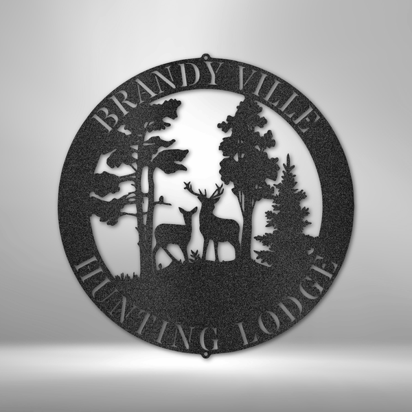 A durable steel sign featuring a personalized deer scene, perfect for a winter lodge.