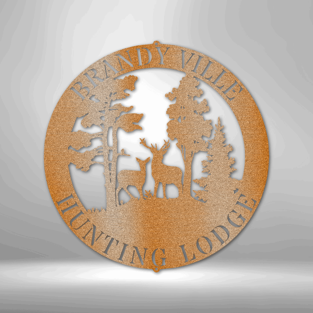 A durable steel sign featuring a personalized deer scene, perfect for a winter lodge.